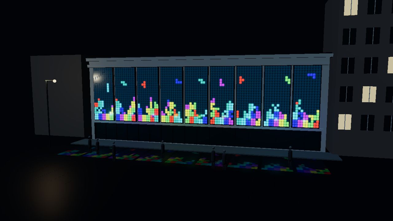 The Blocks facade rebuilt in 3D, nine games running in its windows